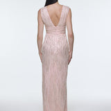 V-Neck Sleeveless Evening Dress with Stone Embroidery - 9349C
