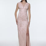 V-Neck Sleeveless Evening Dress with Stone Embroidery - 9349C