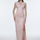 V-Neck Sleeveless Evening Dress with Stone Embroidery - 9349C