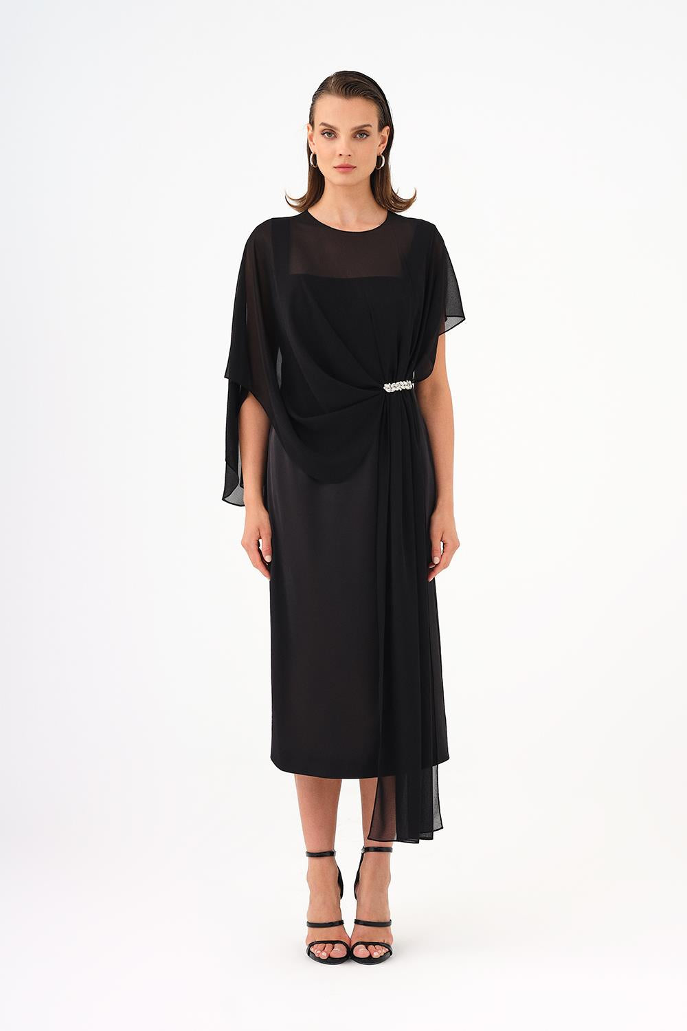 Bat Sleeves Stone Embroidery Detailed Midi Evening Dress - 9187C