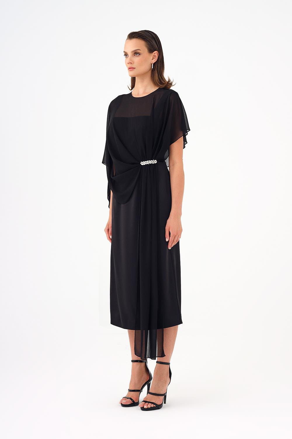 Bat Sleeves Stone Embroidery Detailed Midi Evening Dress - 9187C