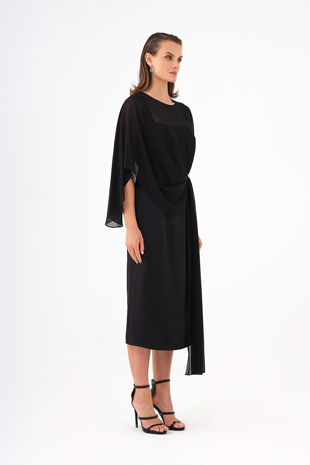 Bat Sleeves Stone Embroidery Detailed Midi Evening Dress - 9187C