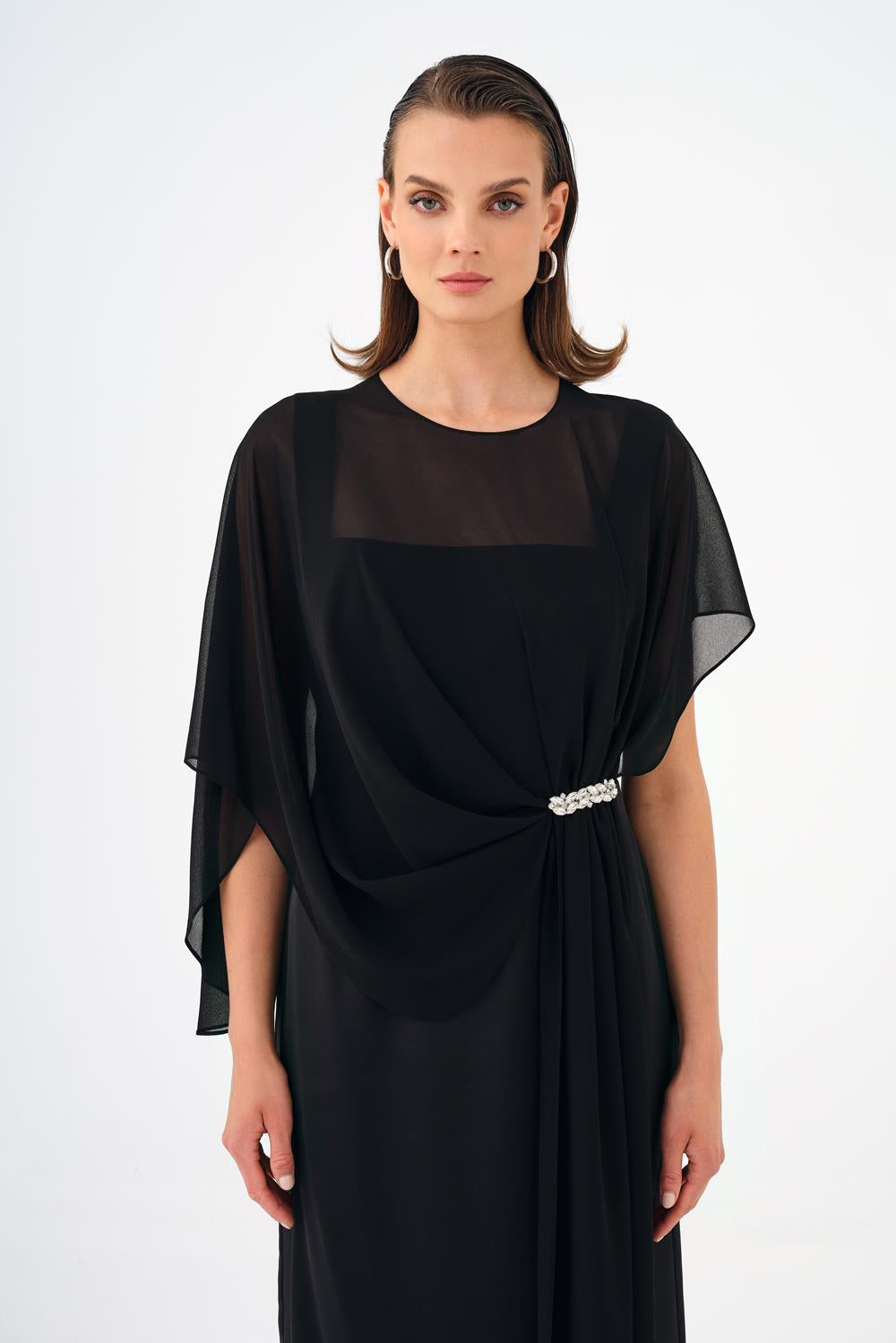Bat Sleeves Stone Embroidery Detailed Midi Evening Dress - 9187C