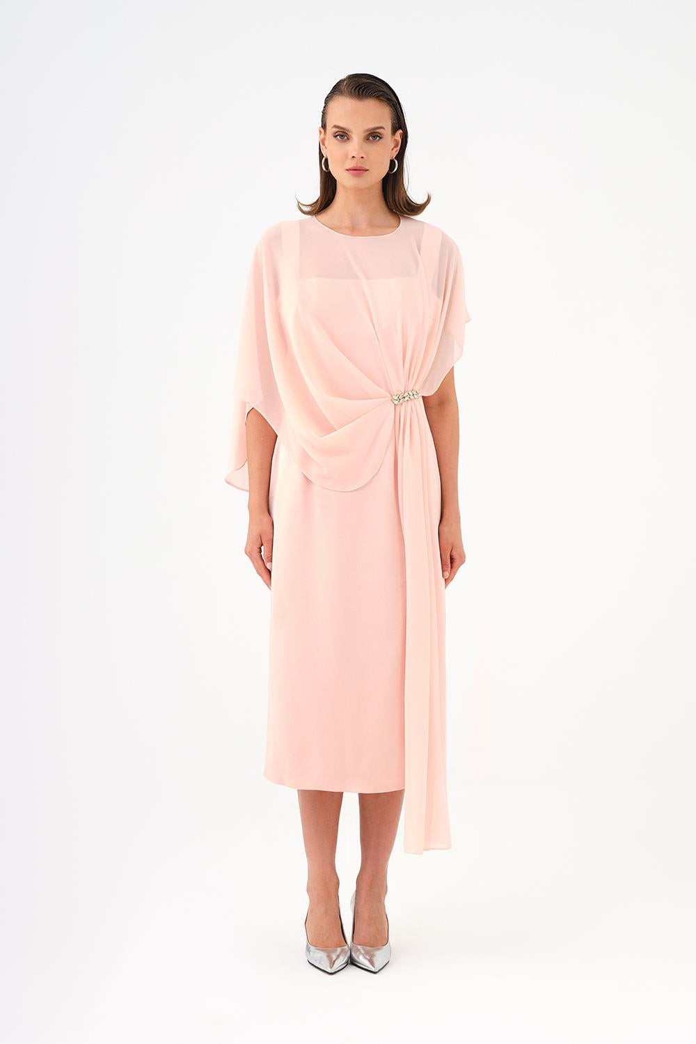 Bat Sleeves Stone Embroidery Detailed Midi Evening Dress - 9187C