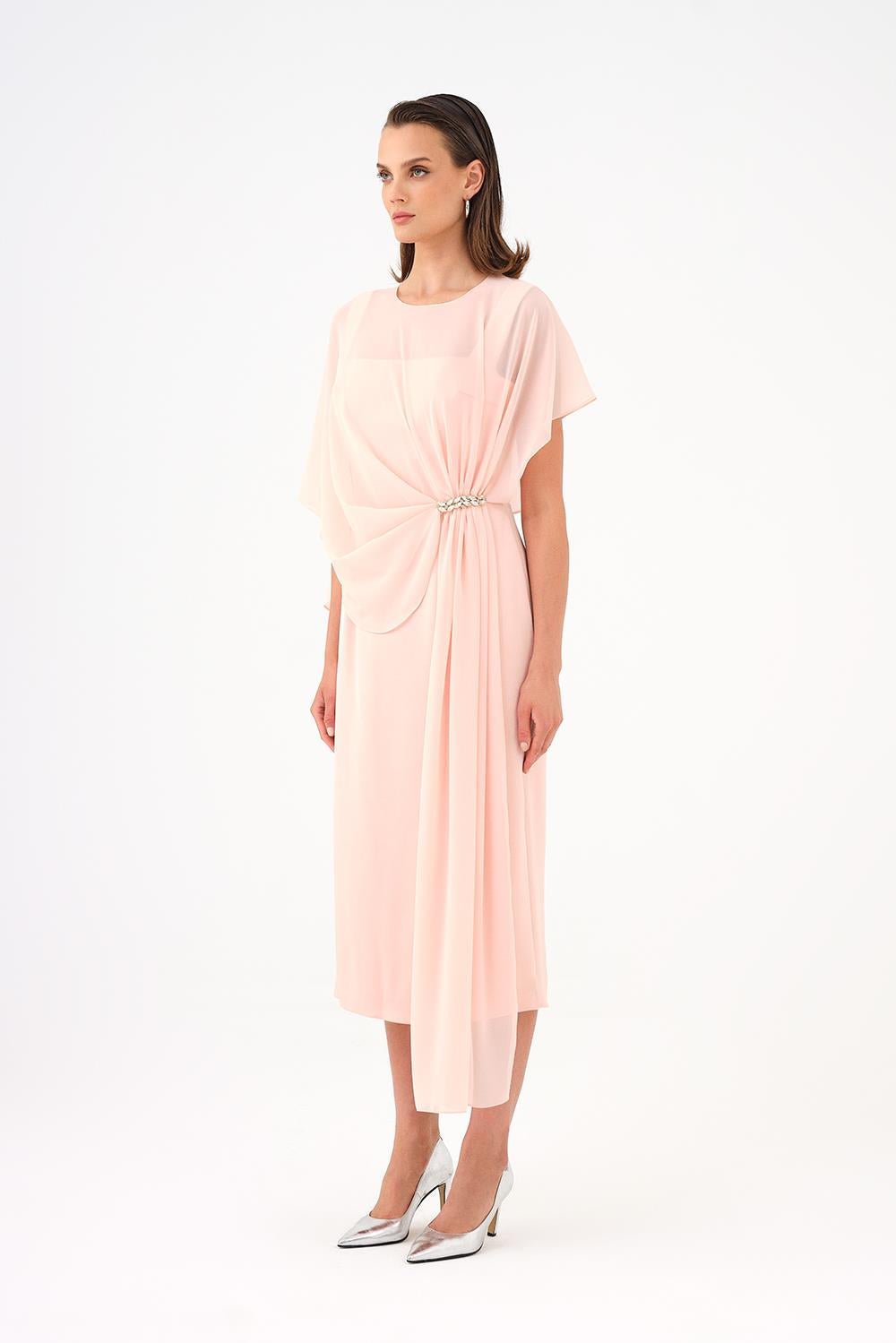 Bat Sleeves Stone Embroidery Detailed Midi Evening Dress - 9187C