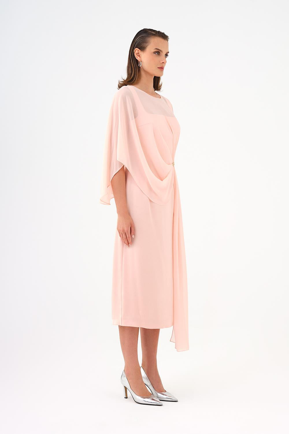 Bat Sleeves Stone Embroidery Detailed Midi Evening Dress - 9187C