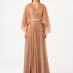 Volan Half Sleeve Silvery Long Evening Dress - 9144C