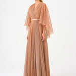 Volan Half Sleeve Silvery Long Evening Dress - 9144C