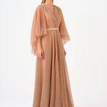Volan Half Sleeve Silvery Long Evening Dress - 9144C