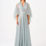 Volan Half Sleeve Silvery Long Evening Dress - 9144C
