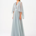 Volan Half Sleeve Silvery Long Evening Dress - 9144C
