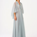 Volan Half Sleeve Silvery Long Evening Dress - 9144C