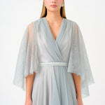 Volan Half Sleeve Silvery Long Evening Dress - 9144C