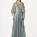 Volan Half Sleeve Silvery Long Evening Dress - 9144C