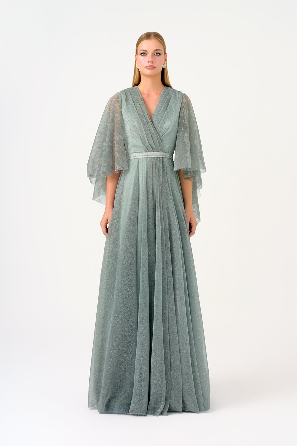 Volan Half Sleeve Silvery Long Evening Dress - 9144C