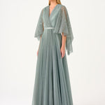 Volan Half Sleeve Silvery Long Evening Dress - 9144C
