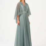 Volan Half Sleeve Silvery Long Evening Dress - 9144C
