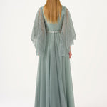 Volan Half Sleeve Silvery Long Evening Dress - 9144C