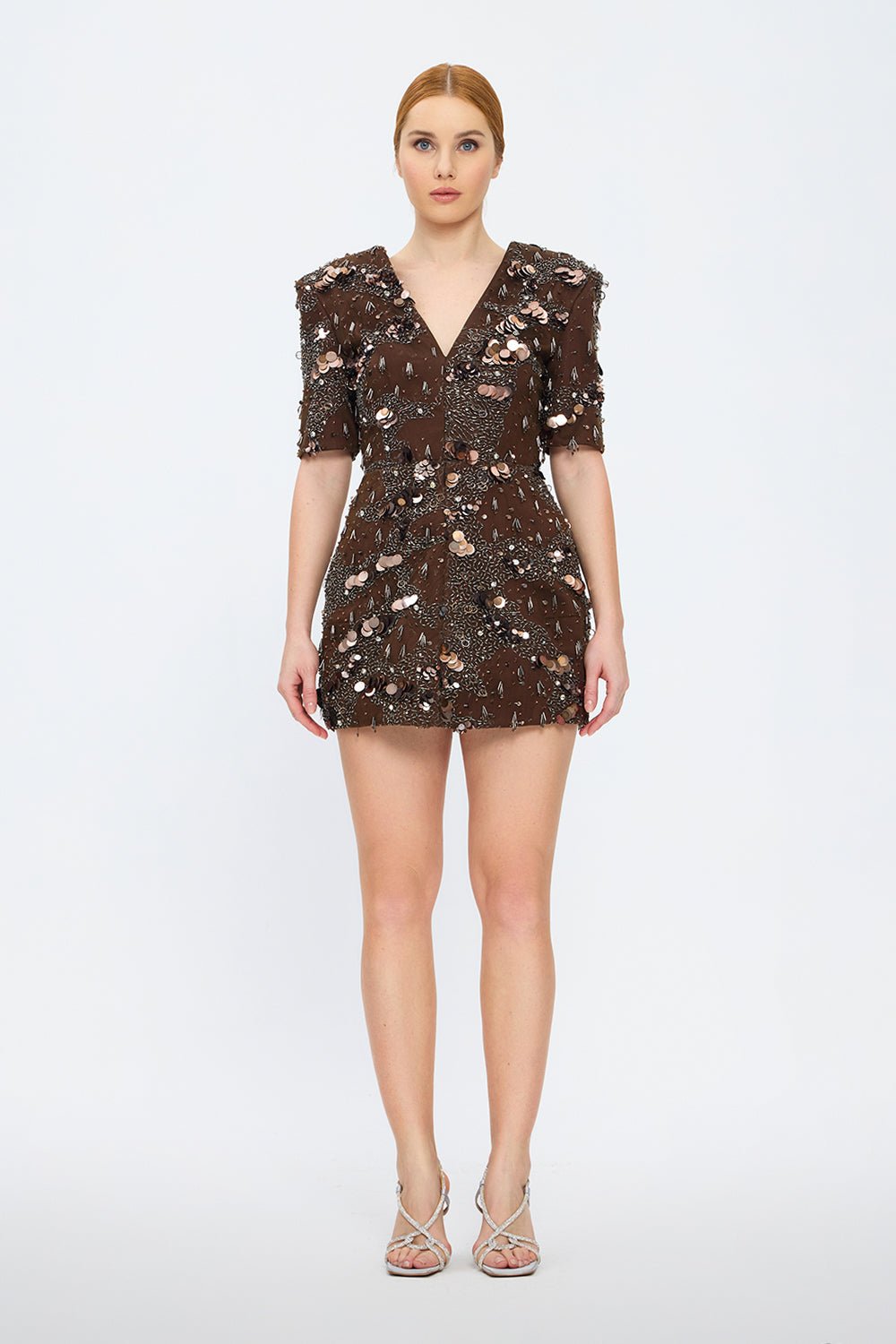 فستان سهرة قصير بأكمام نصفية ومطرز - 2071C