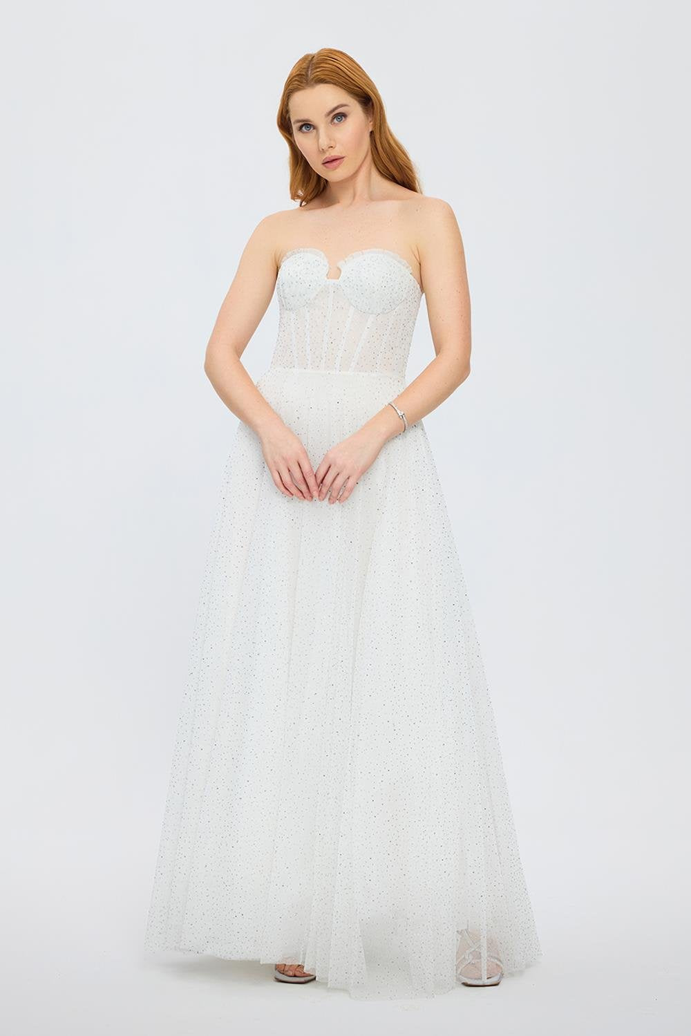 Silvery Fabric Princess Cut Long Evening Dress - 5006C