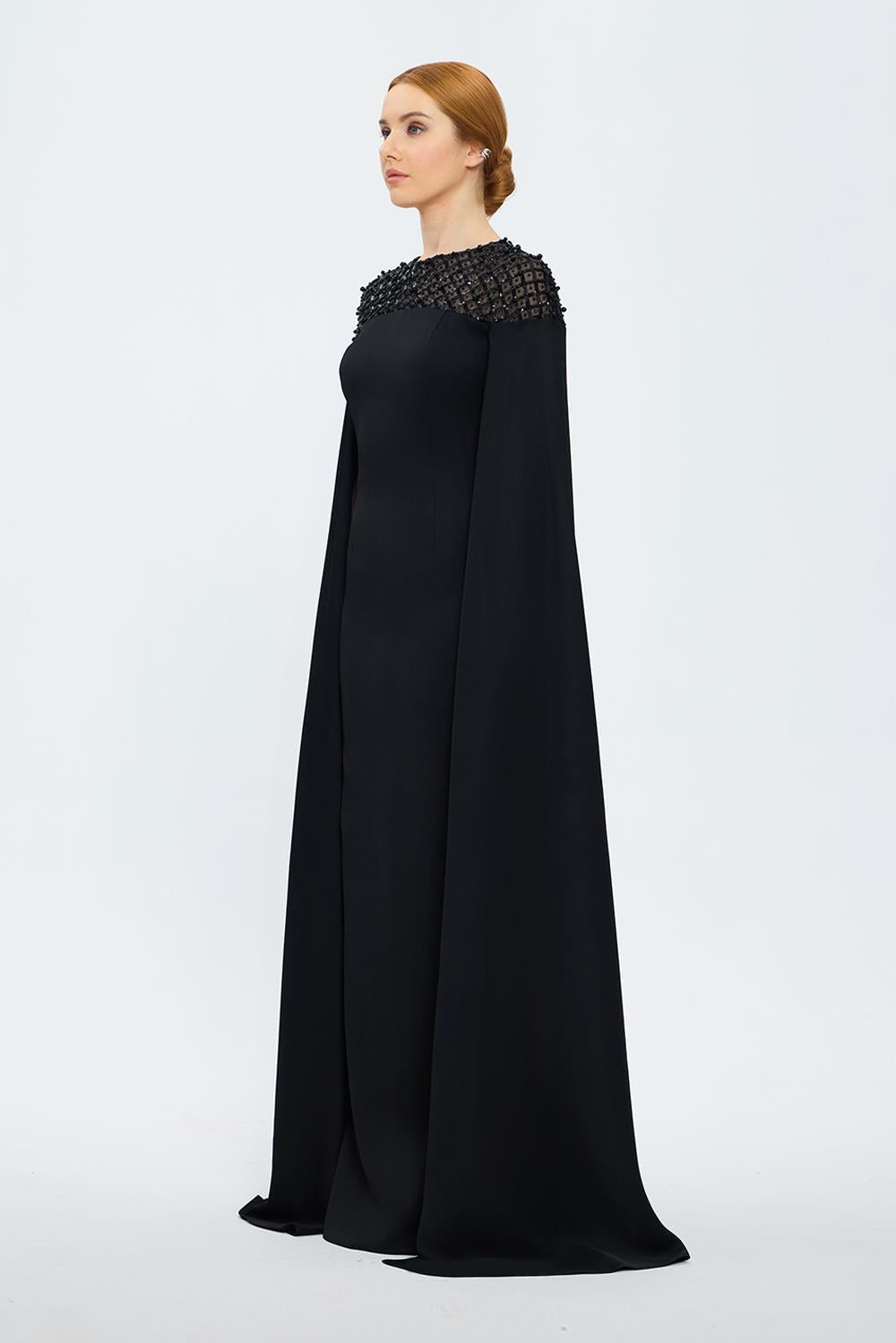 Judge Collar Stone Embroidered Hijab Evening Dress - 1027C