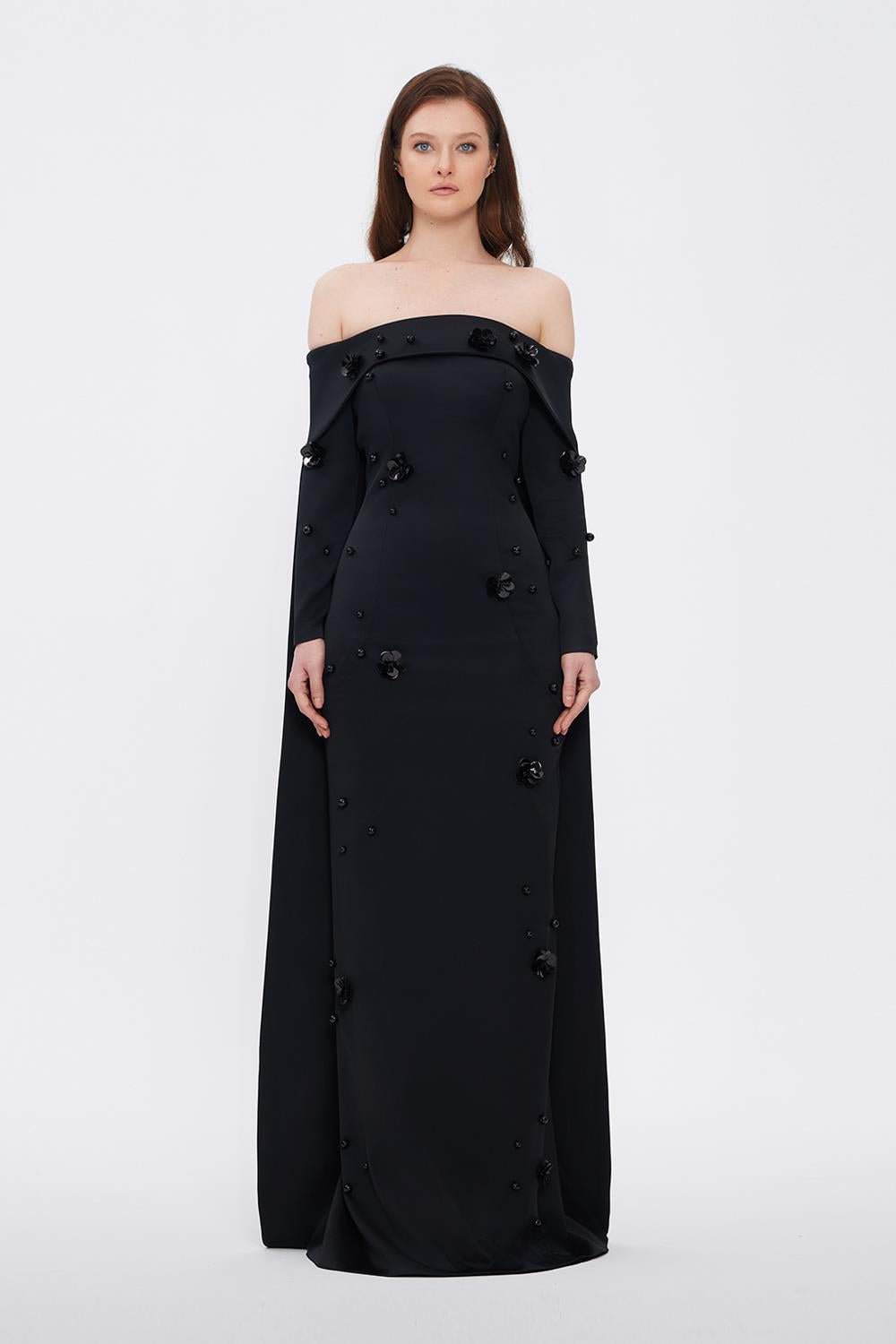 Boat Neck Accessory Detailed Long Evening Dress - 01026C