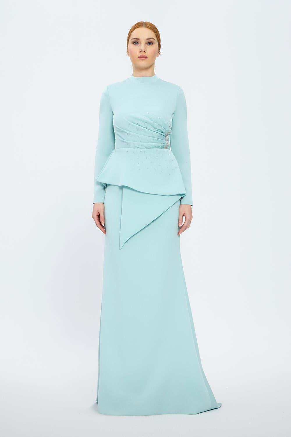 Fish Cut Round Neck Long Evening Dress - 5042C