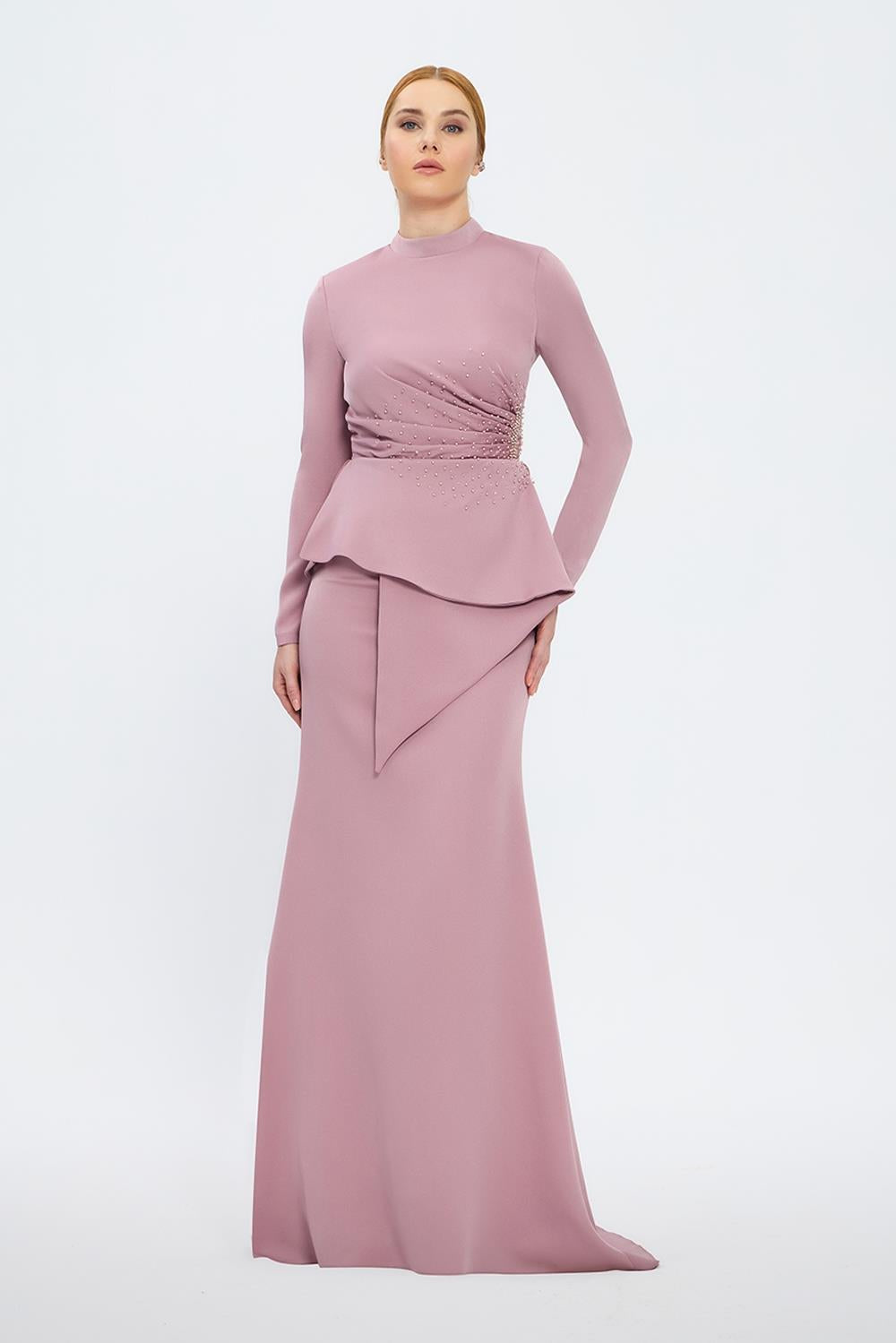 Fish Cut Round Neck Long Evening Dress - 5042C