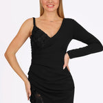 Dantelli Tek Kol Uzun Abiye Elbise - 4052C - SİYAH