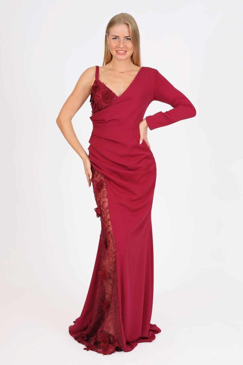 Dantelli Tek Kol Uzun Abiye Elbise - 4052C - BORDO