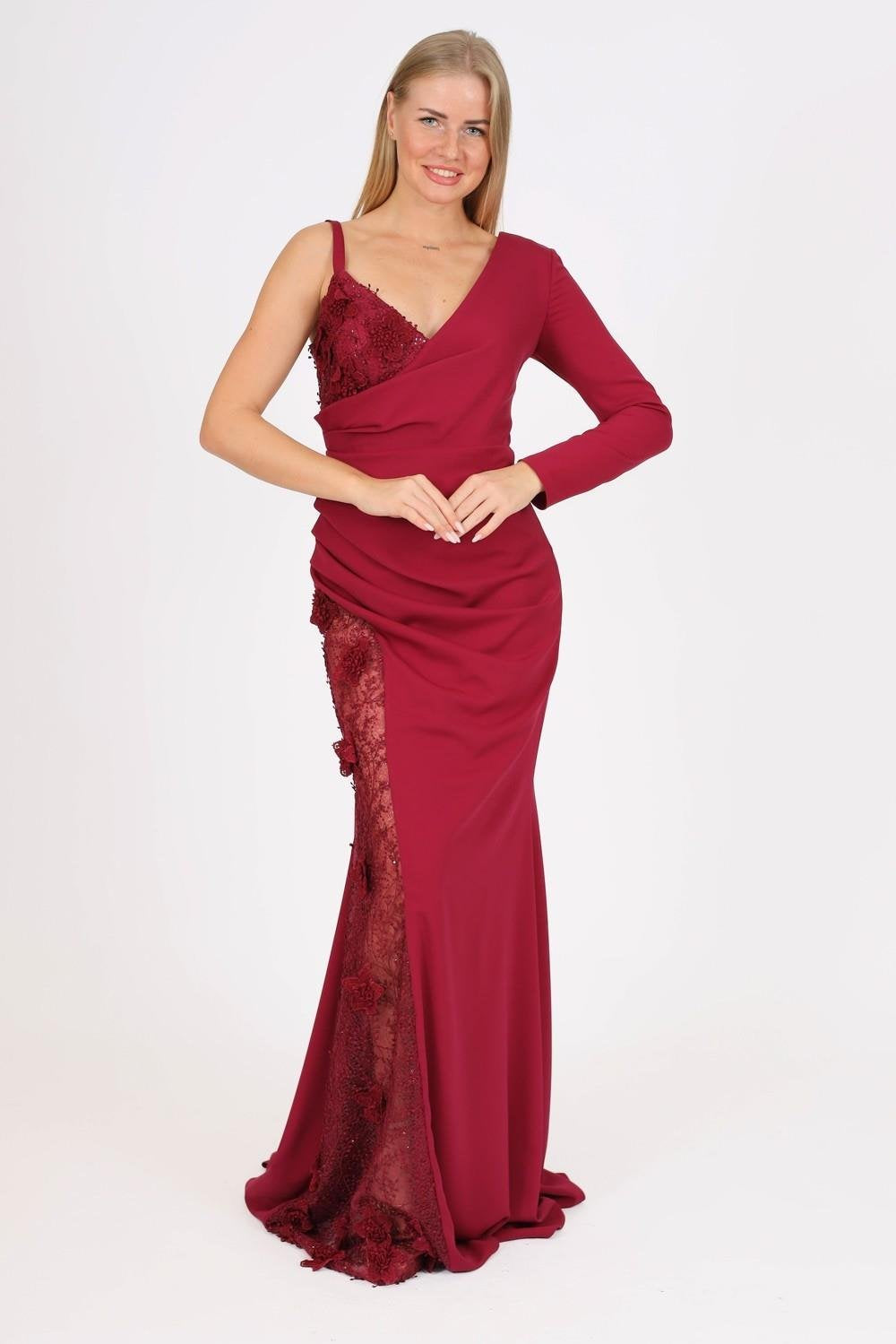 Dantelli Tek Kol Uzun Abiye Elbise - 4052C - BORDO