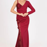 Dantelli Tek Kol Uzun Abiye Elbise - 4052C - BORDO