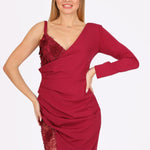 Dantelli Tek Kol Uzun Abiye Elbise - 4052C - BORDO