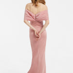 Düşük Omuzlu Fiyonk Detaylı Uzun Abiye Elbise - 5029C - Gül Kurusu