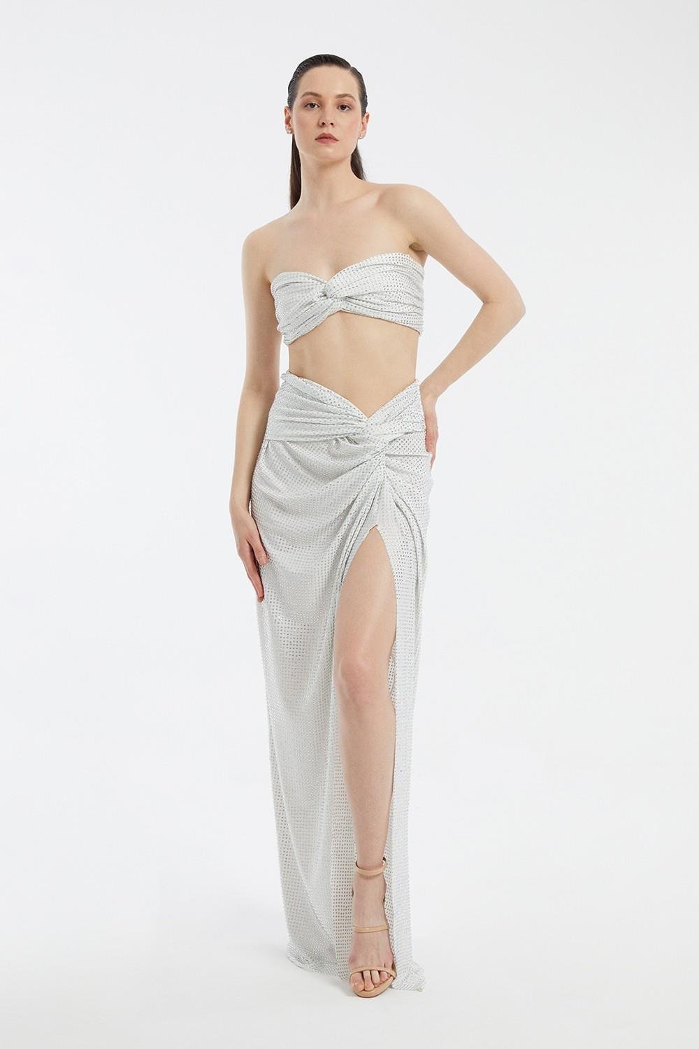 Embroidered Fabric Two Piece Draped Dress - 3006C