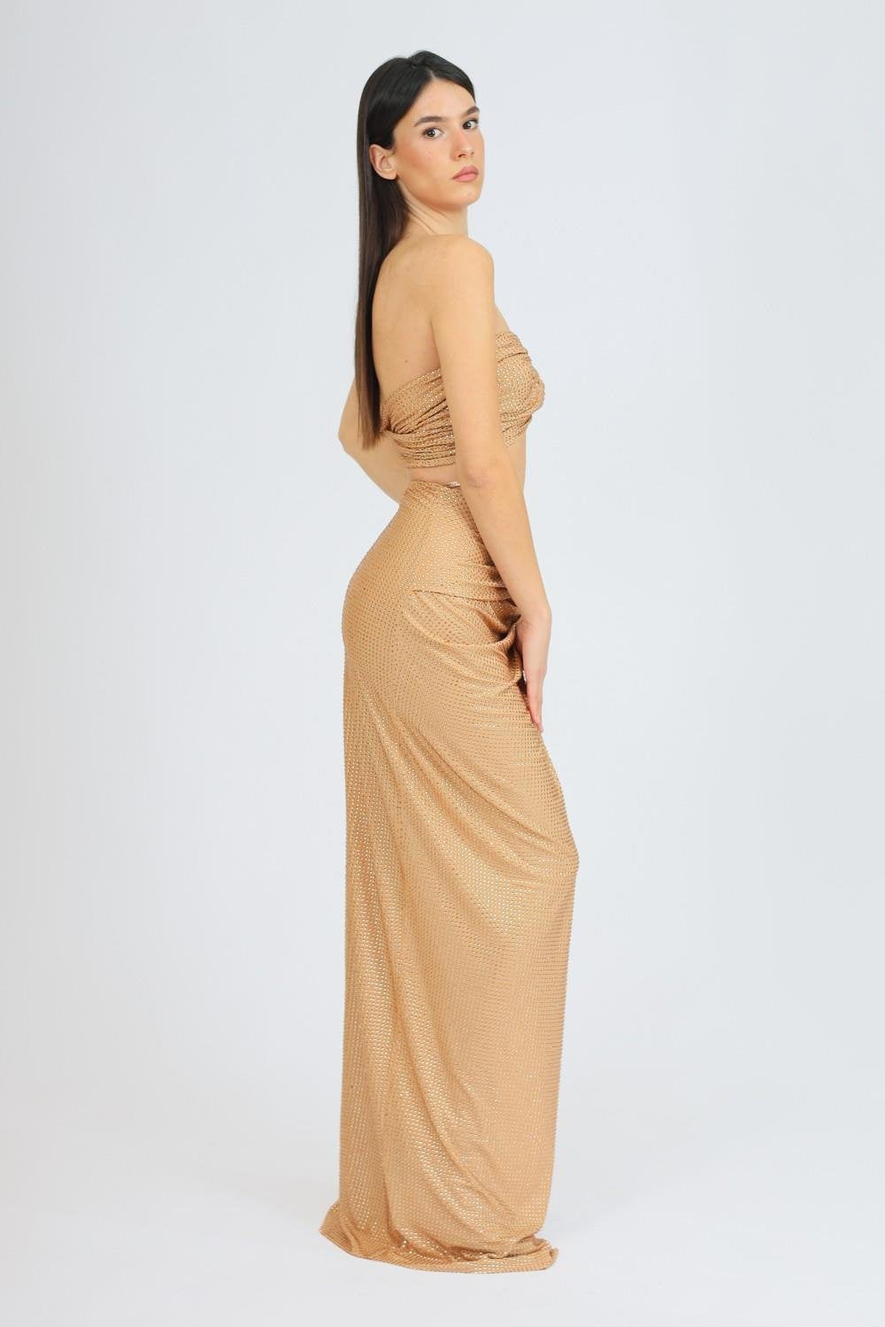 İşleme Kumaş Detaylı Yırtmaçlı Etek - Büstiyer Takım - 3006C - GOLD