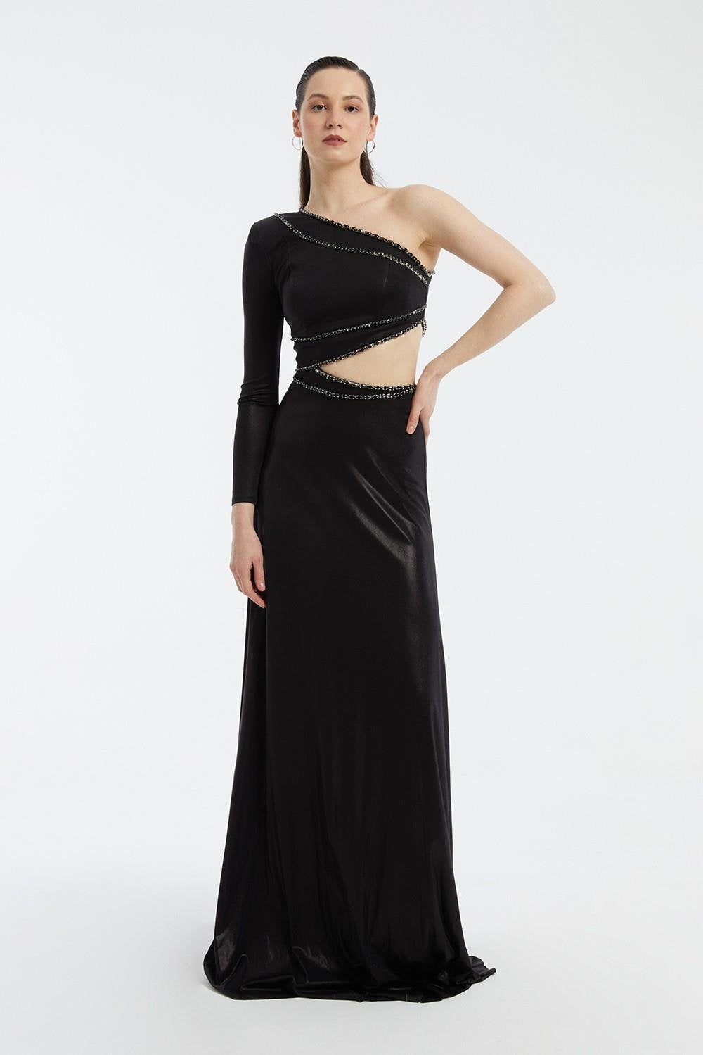 Rhinestone Embroidered Single Sleeve Long Evening Dress - 3025C