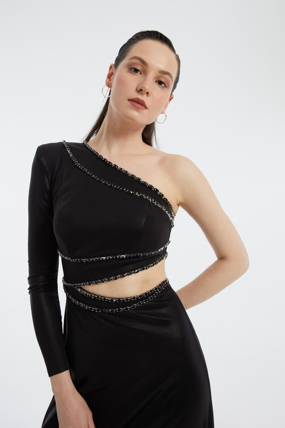 Rhinestone Embroidered Single Sleeve Long Evening Dress - 3025C