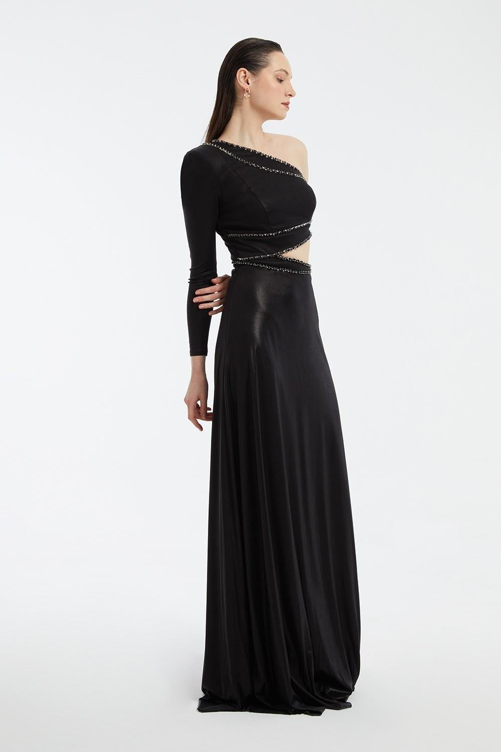 Rhinestone Embroidered Single Sleeve Long Evening Dress - 3025C