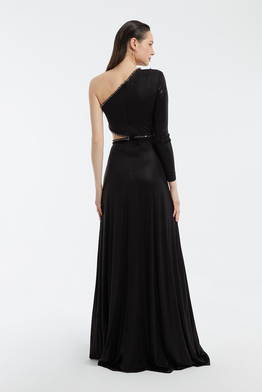 Rhinestone Embroidered Single Sleeve Long Evening Dress - 3025C