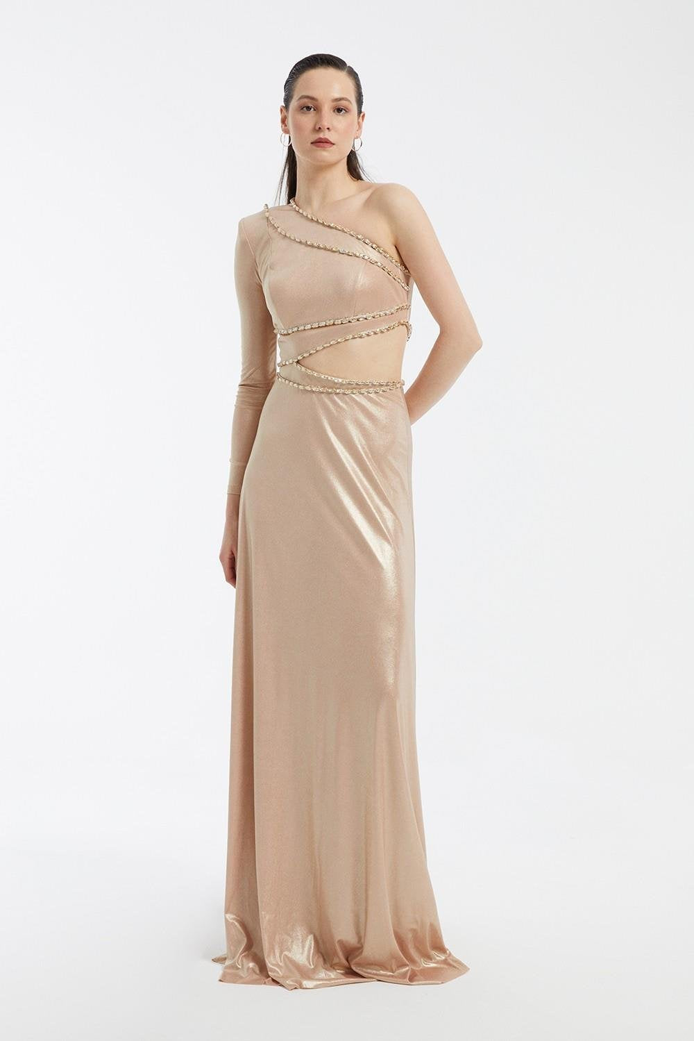 Rhinestone Embroidered Single Sleeve Long Evening Dress - 3025C