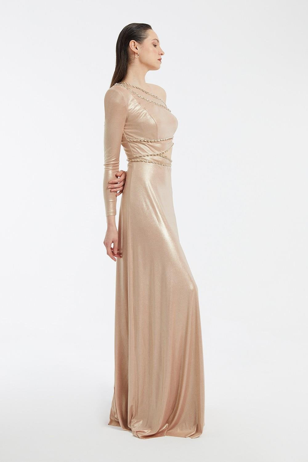 Rhinestone Embroidered Single Sleeve Long Evening Dress - 3025C