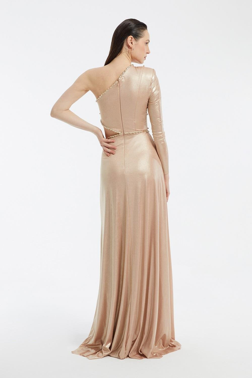 Rhinestone Embroidered Single Sleeve Long Evening Dress - 3025C