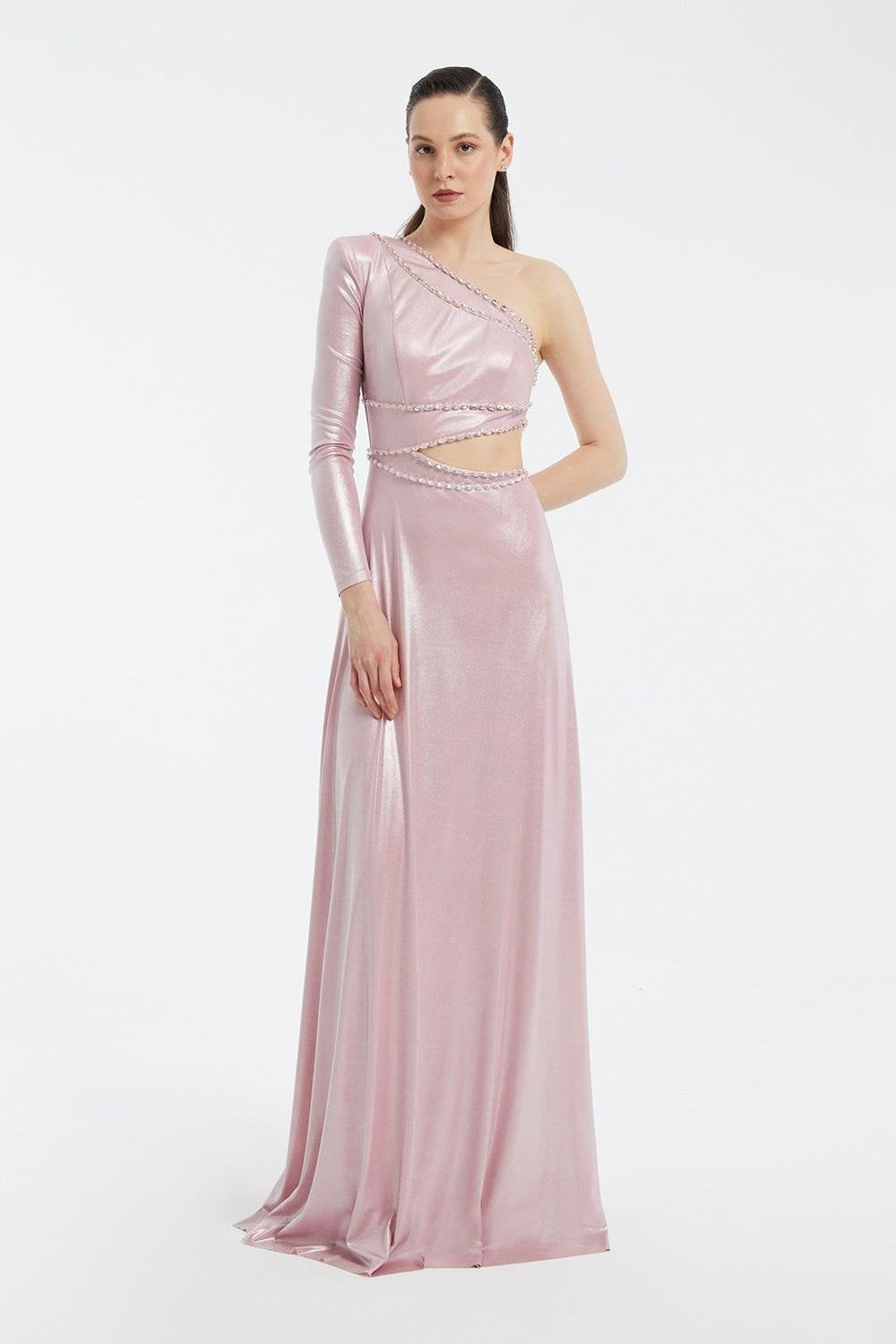 Rhinestone Embroidered Single Sleeve Long Evening Dress - 3025C