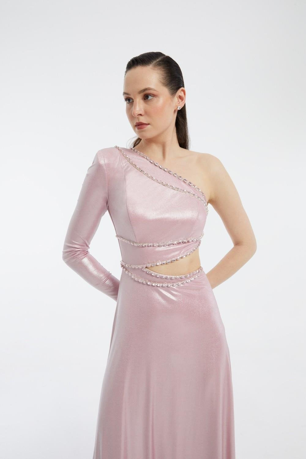 Rhinestone Embroidered Single Sleeve Long Evening Dress - 3025C