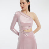 Rhinestone Embroidered Single Sleeve Long Evening Dress - 3025C