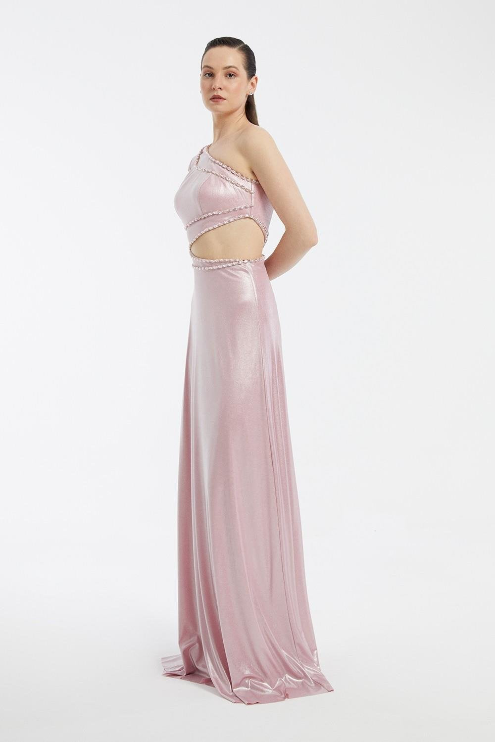 Rhinestone Embroidered Single Sleeve Long Evening Dress - 3025C