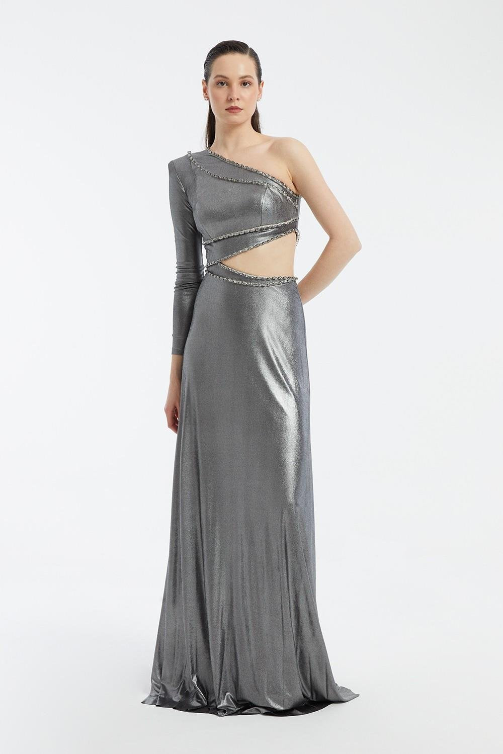 Rhinestone Embroidered Single Sleeve Long Evening Dress - 3025C