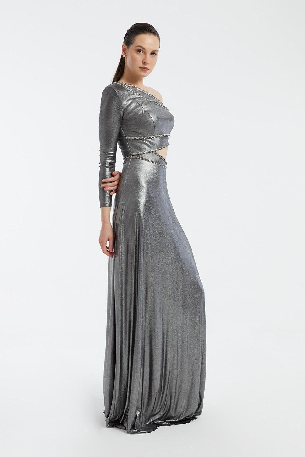Rhinestone Embroidered Single Sleeve Long Evening Dress - 3025C