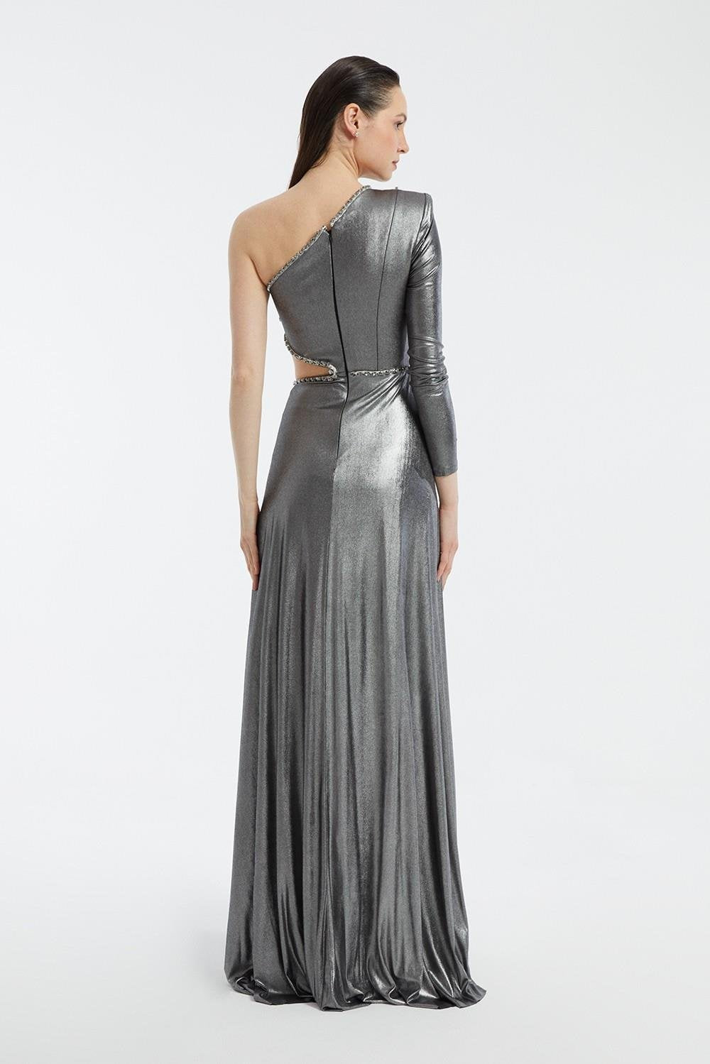 Rhinestone Embroidered Single Sleeve Long Evening Dress - 3025C